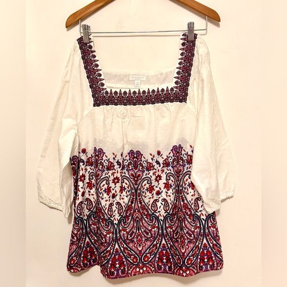 Charter Club Tops - Charter Club White Blouse with Red and Purple Paisley Border